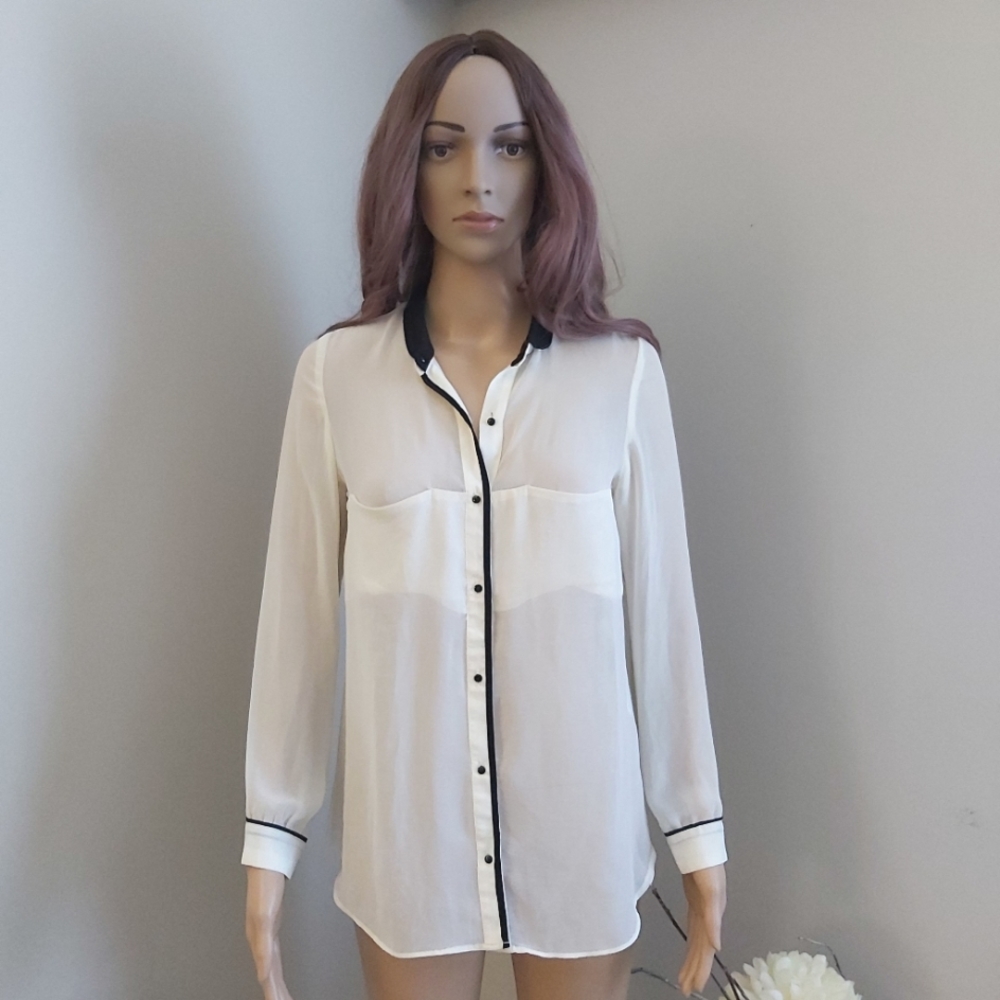 ZARA sheer blouse top polo shirt cream black